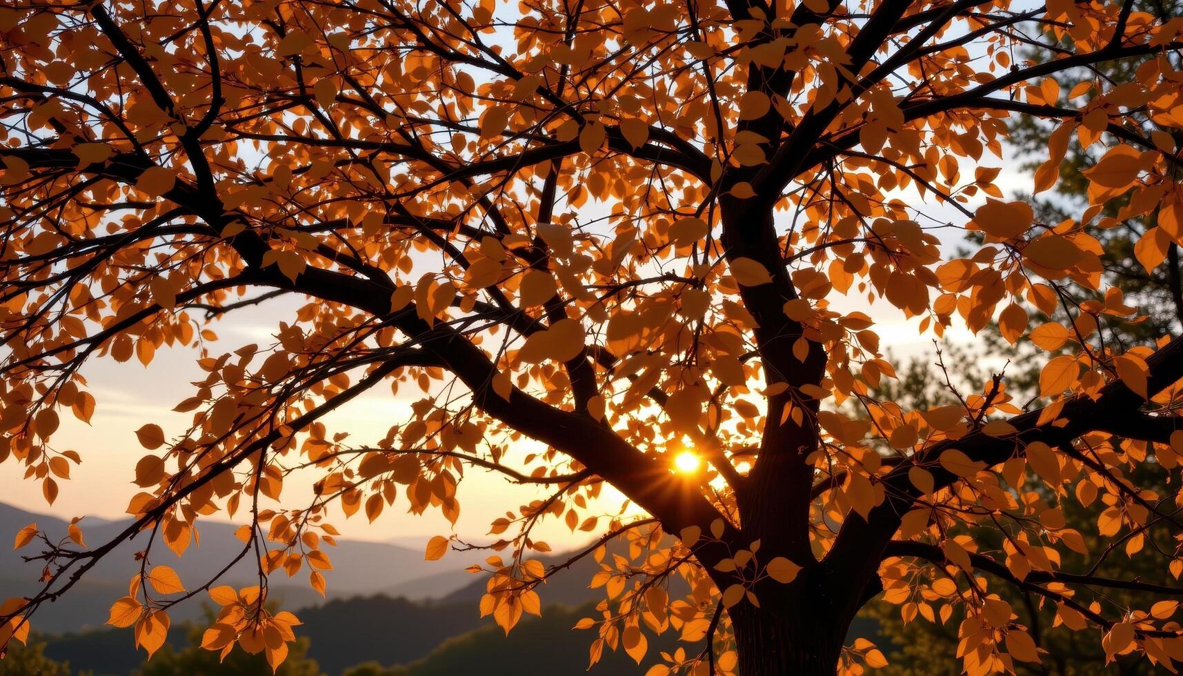 a tree with golden leaves during sunset. photo