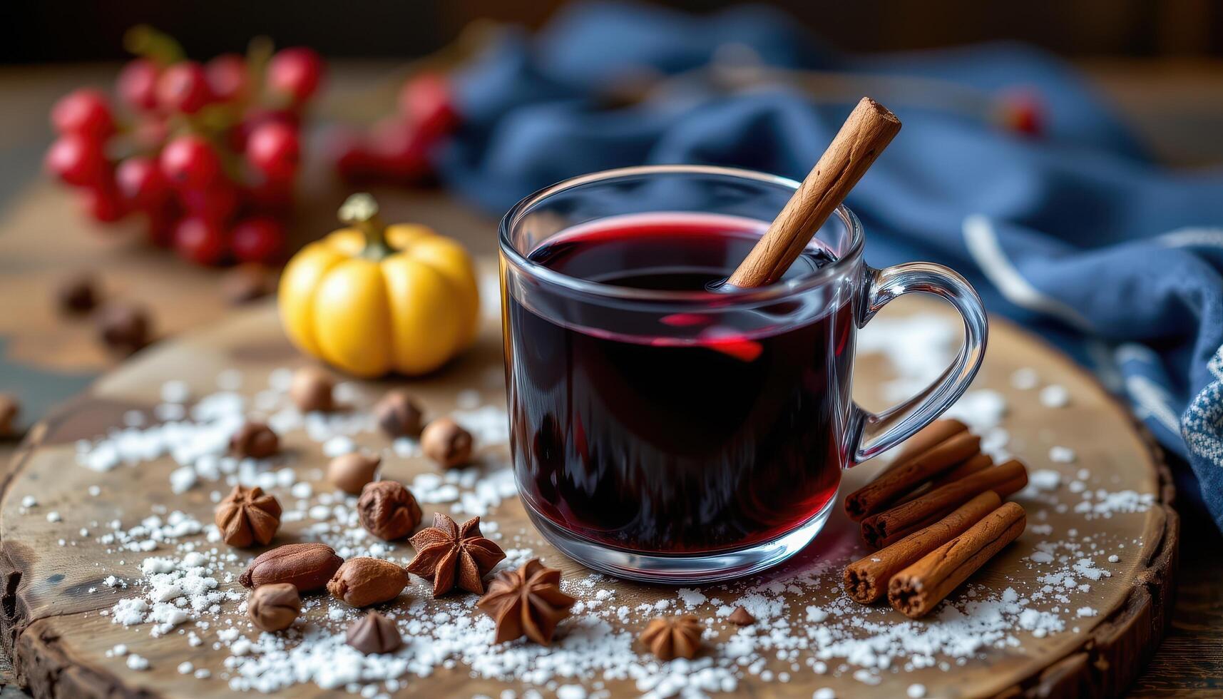 a cup of hot mulled wine with spices. photo