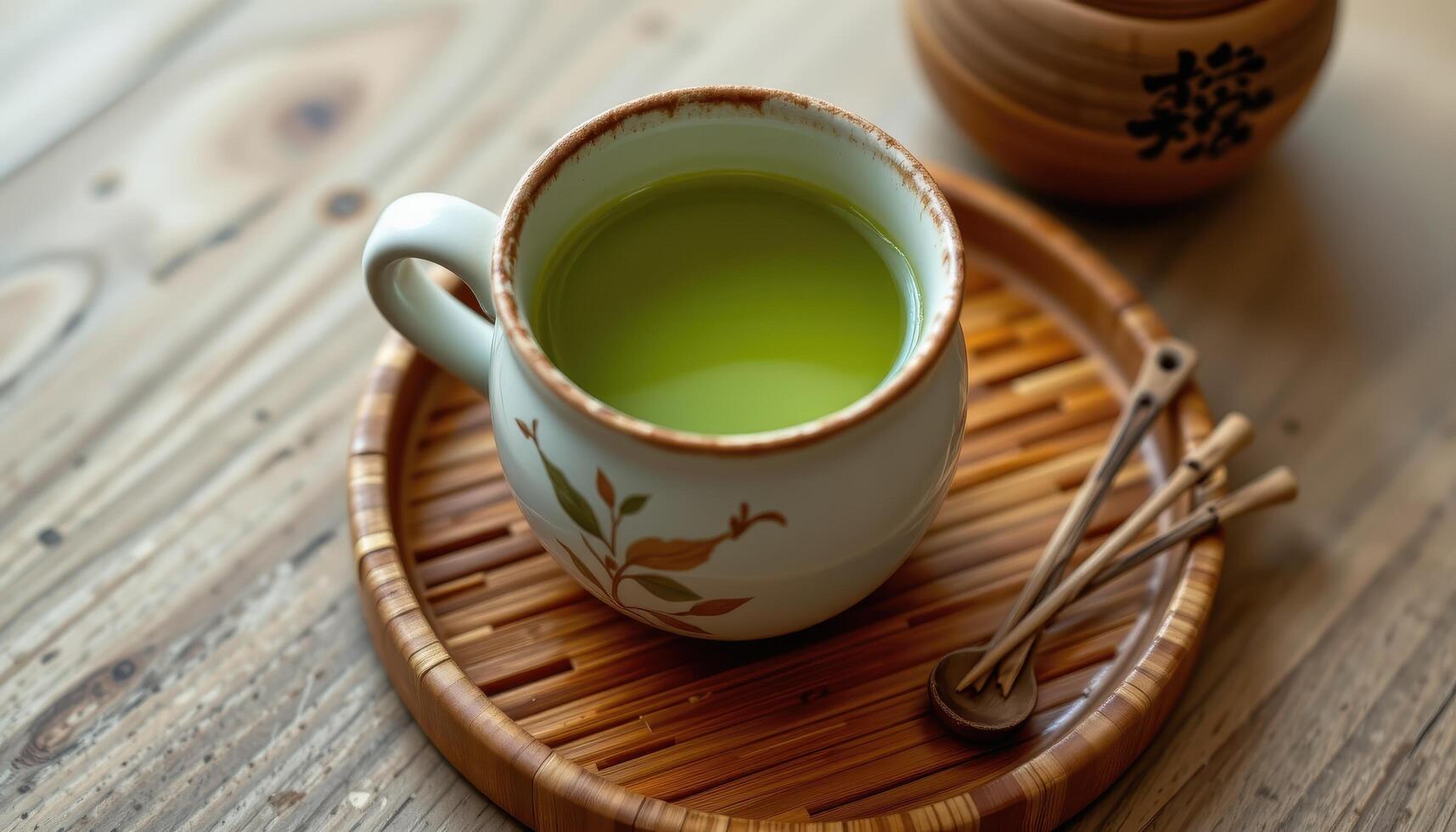a ceramic mug filled with green tea on a bamboo tray. photo