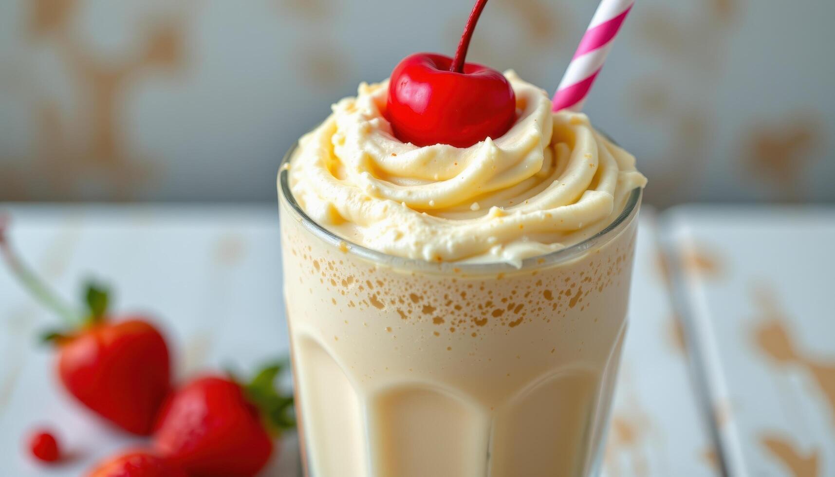 a creamy vanilla milkshake with a cherry on top. photo