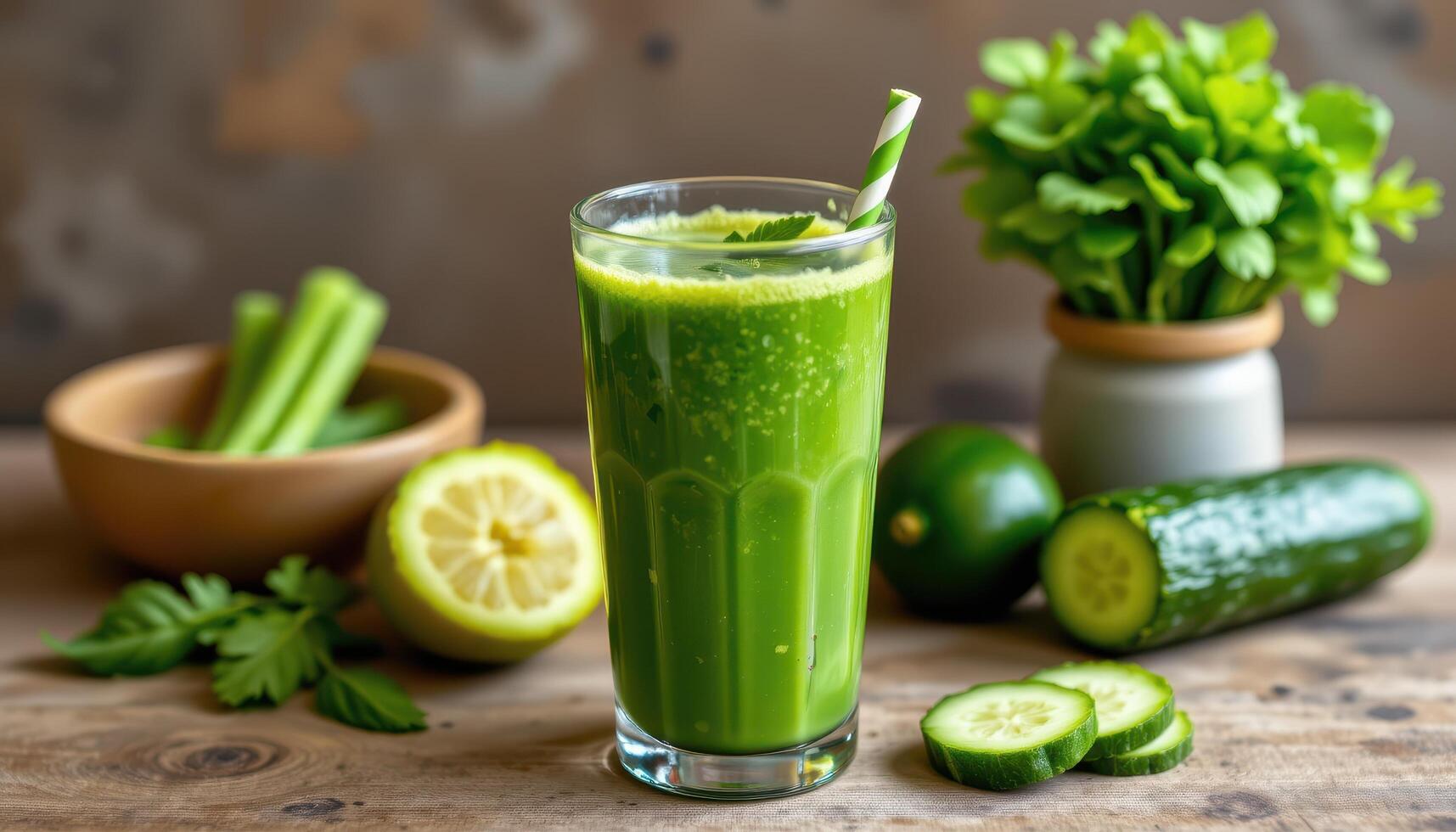 a fresh green juice with celery and cucumber. photo