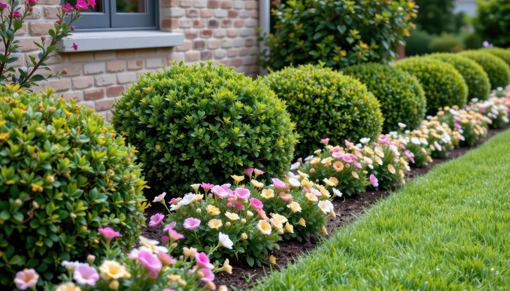 a garden border of neatly trimmed flowering shrubs. photo