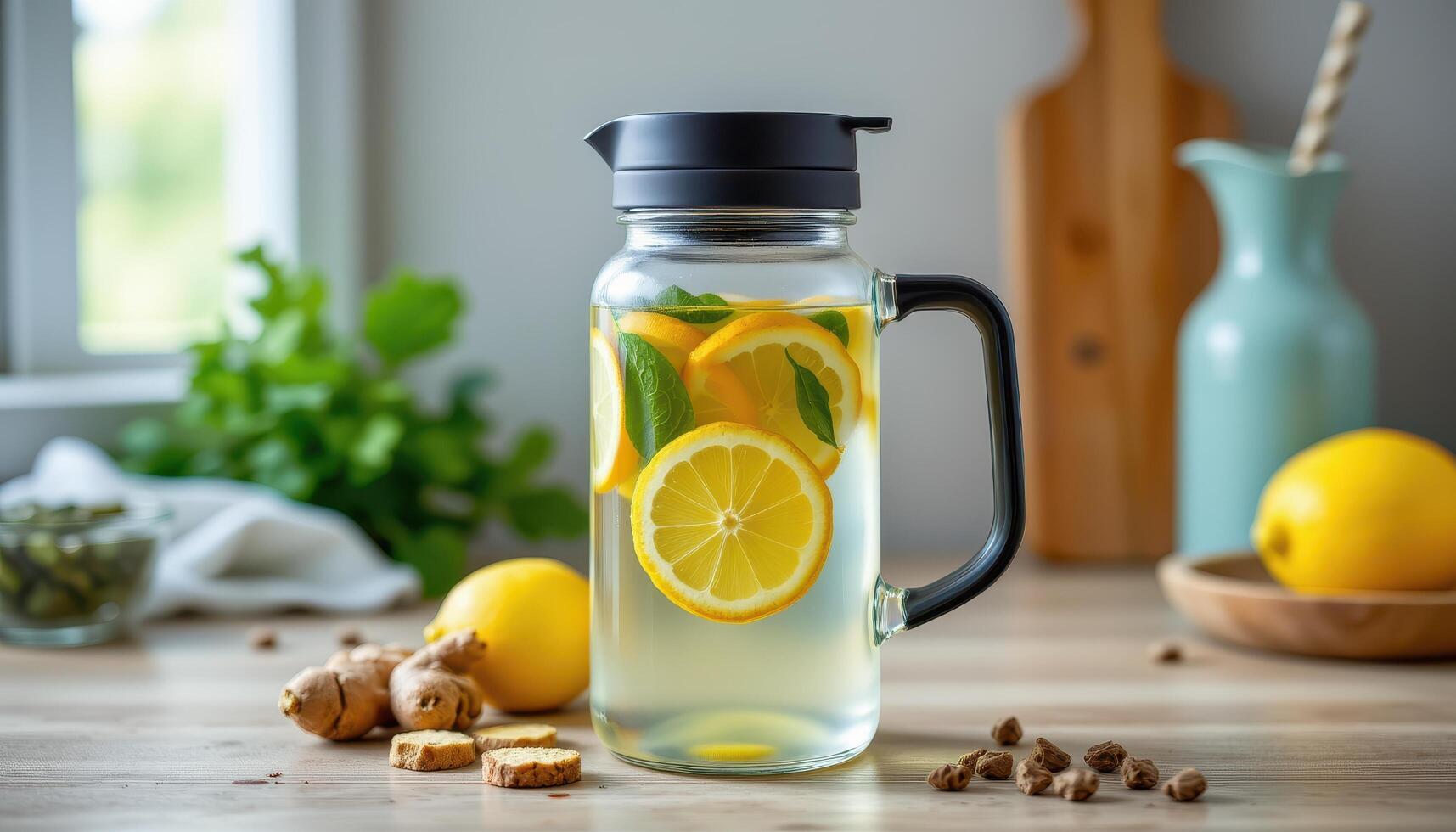 a clear thermos of hot ginger lemon water. photo