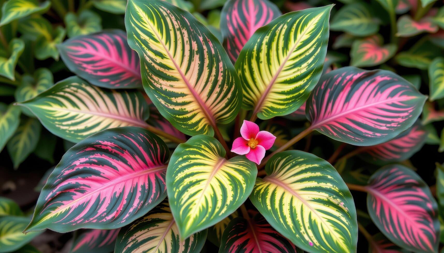 a maranta plant with vibrant patterned leaves and blooms. photo