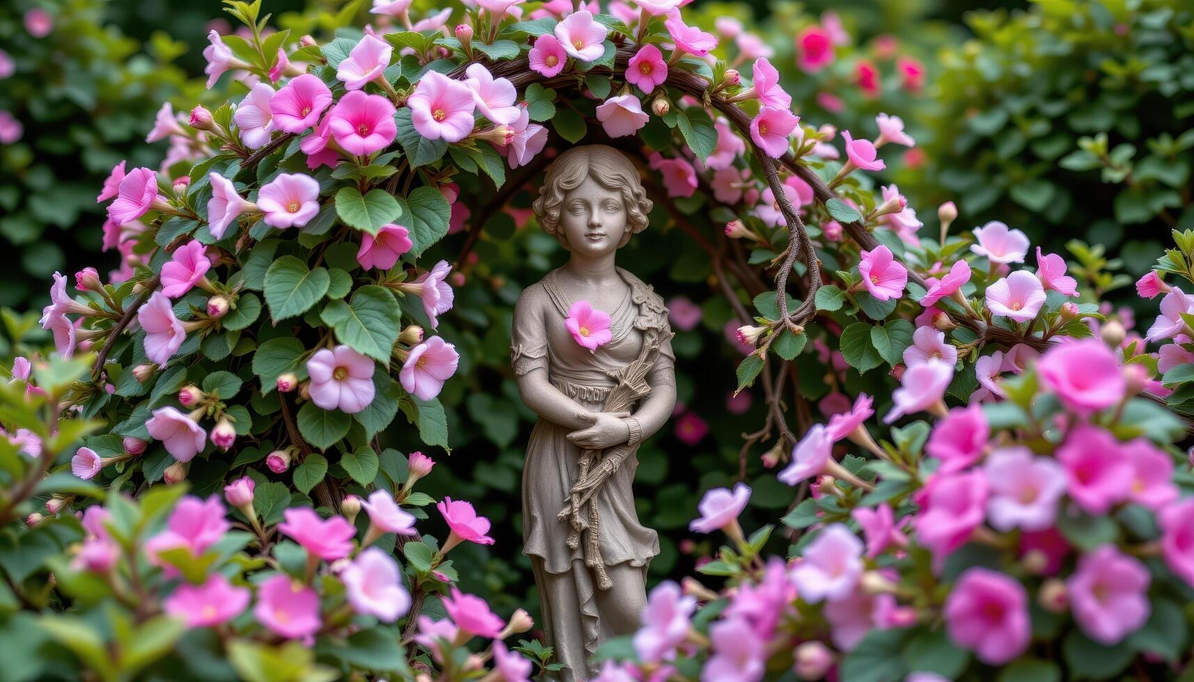 a garden sculpture surrounded by flowering vines. photo