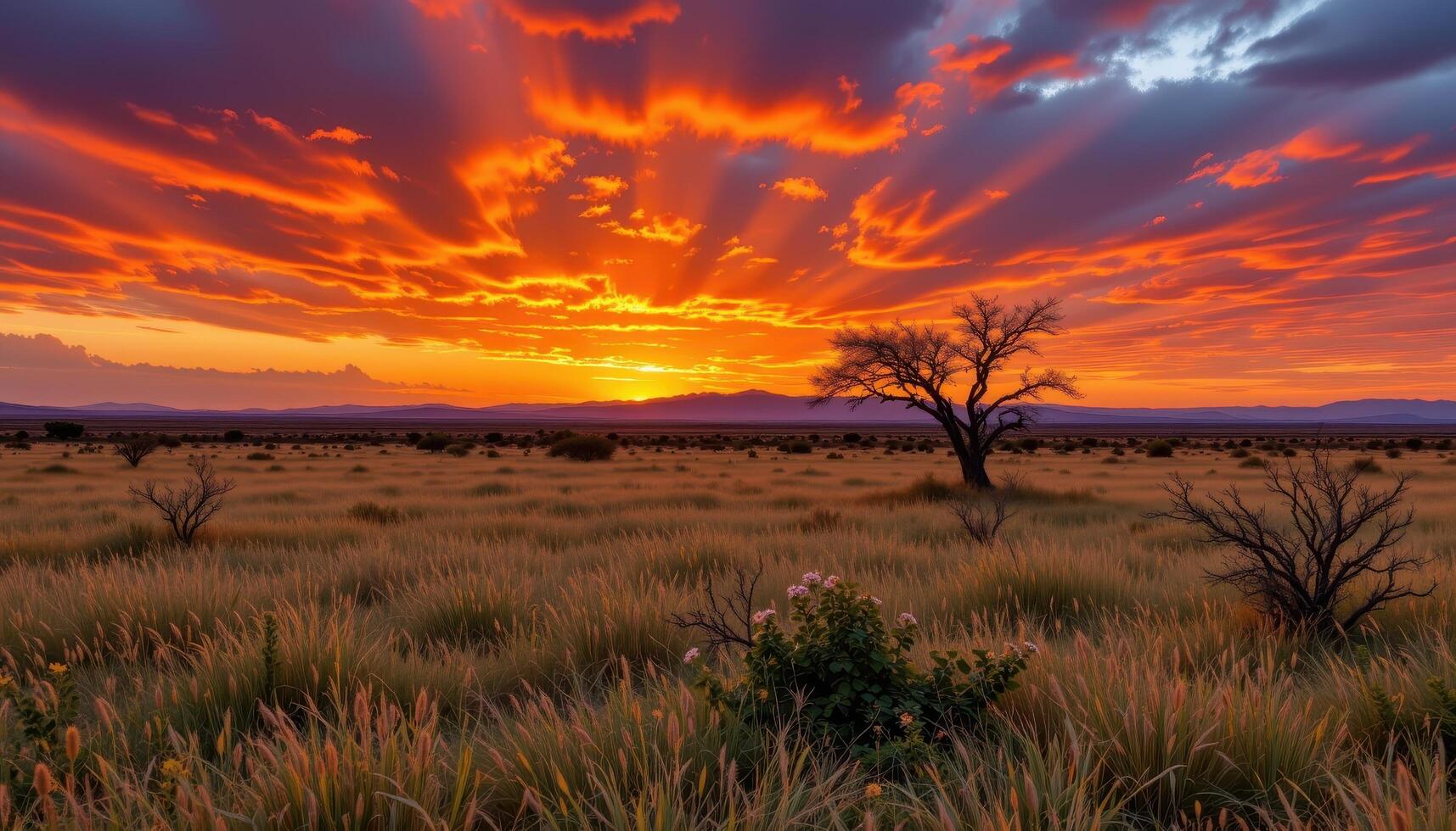 a wide savanna under a fiery sunset sky. photo