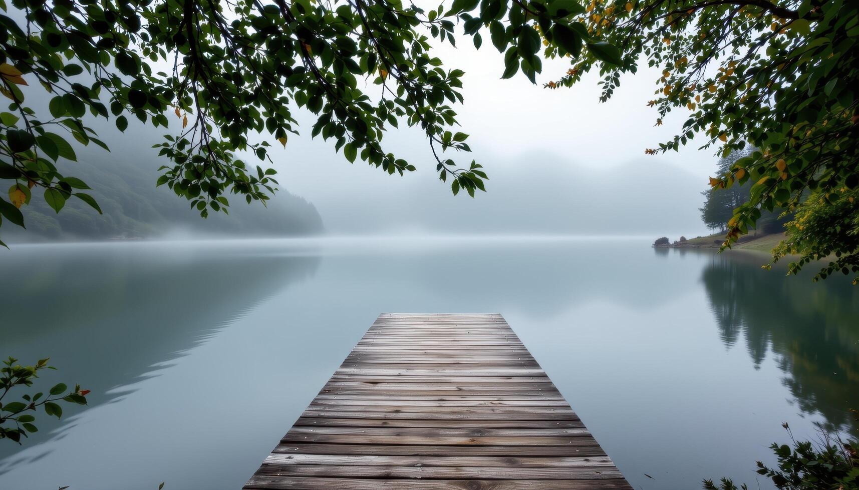 a fog covered lake with a wooden dock. photo