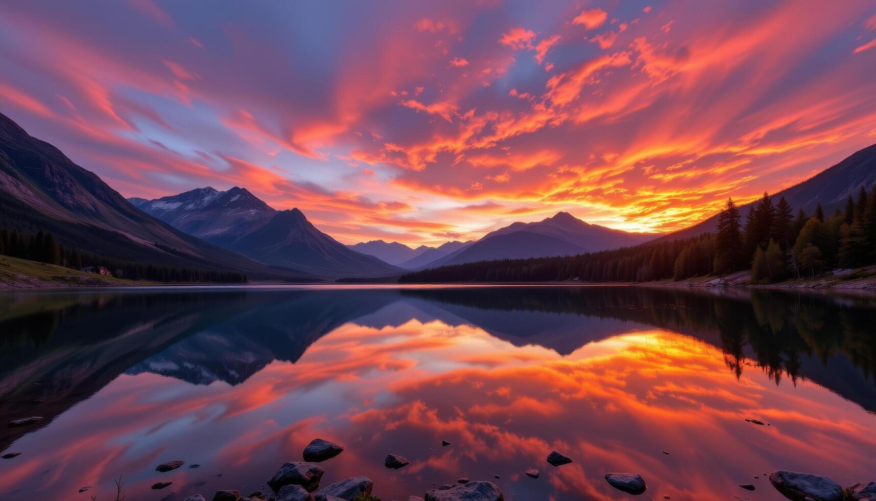 a sunrise over a still mountain lake. photo