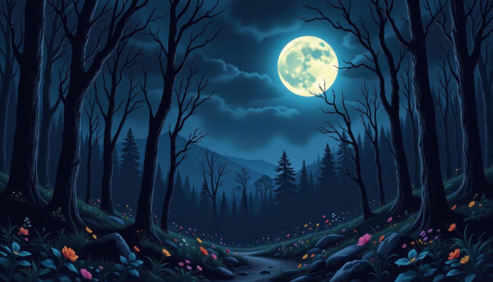 a dark forest under a full moon's light. photo