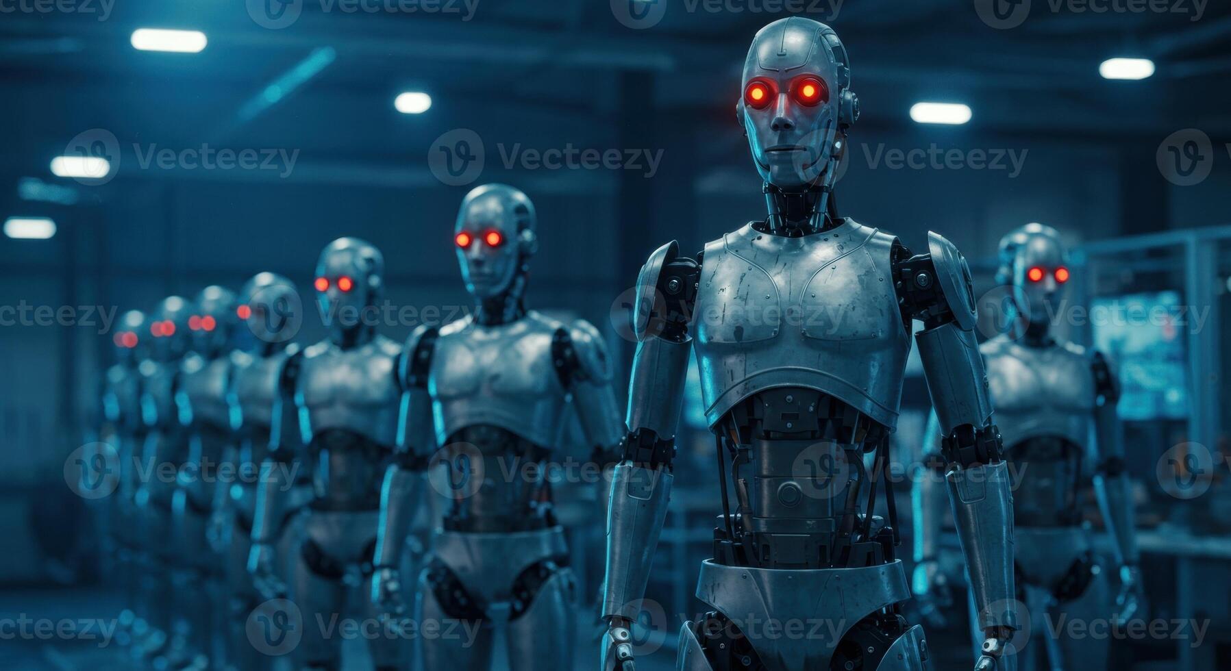 A row of advanced humanoid robots with glowing red eyes in a futuristic industrial setting photo