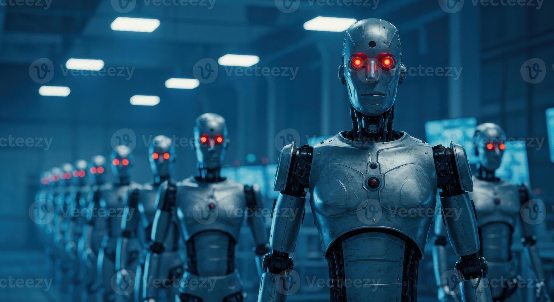 Row of metallic humanoid robots with glowing red eyes in a futuristic factory setting photo