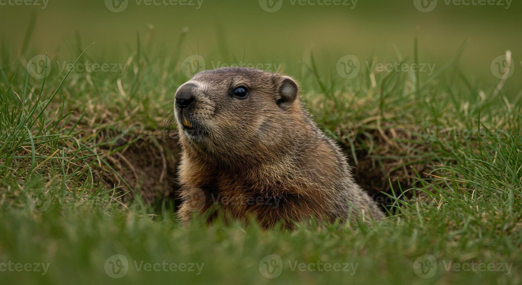 Groundhog peeking out of its burrow in a green grassy field, observing its surroundings. photo