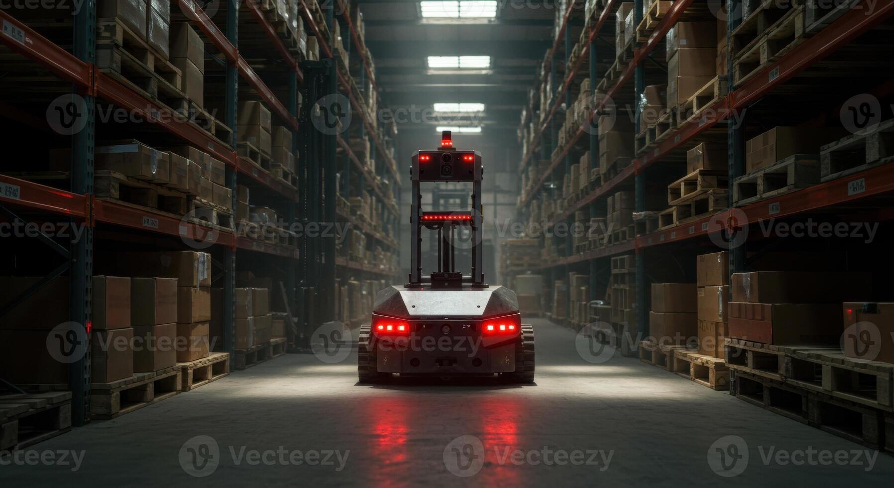 Autonomous robot navigating a modern industrial warehouse with shelves of boxes and pallets photo