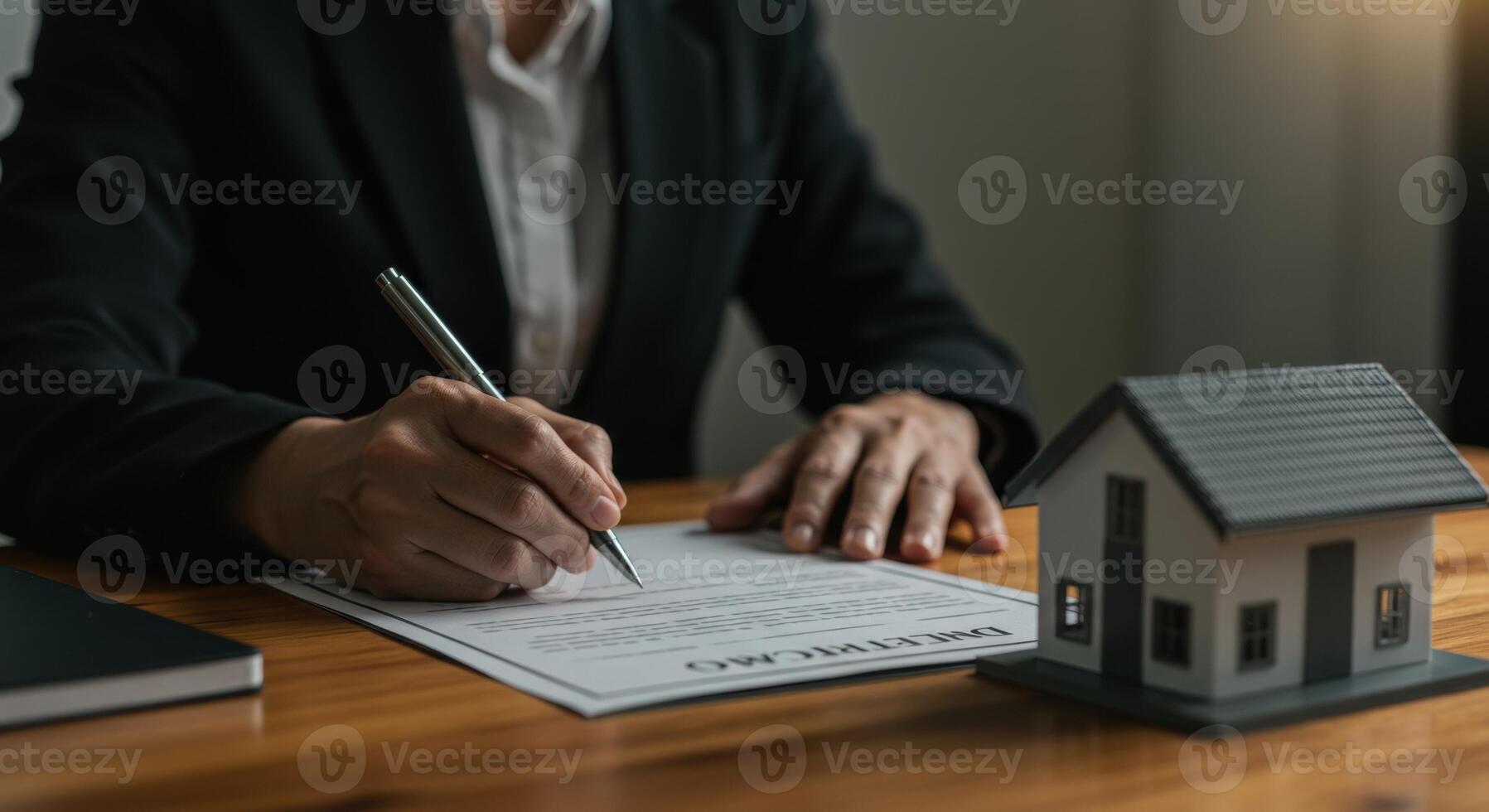 Person signing a real estate contract with a pen next to a house model on a desk photo