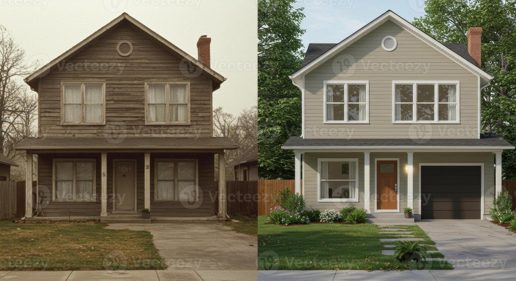 Before and after comparison of a house renovation, showcasing a dramatic home transformation. photo