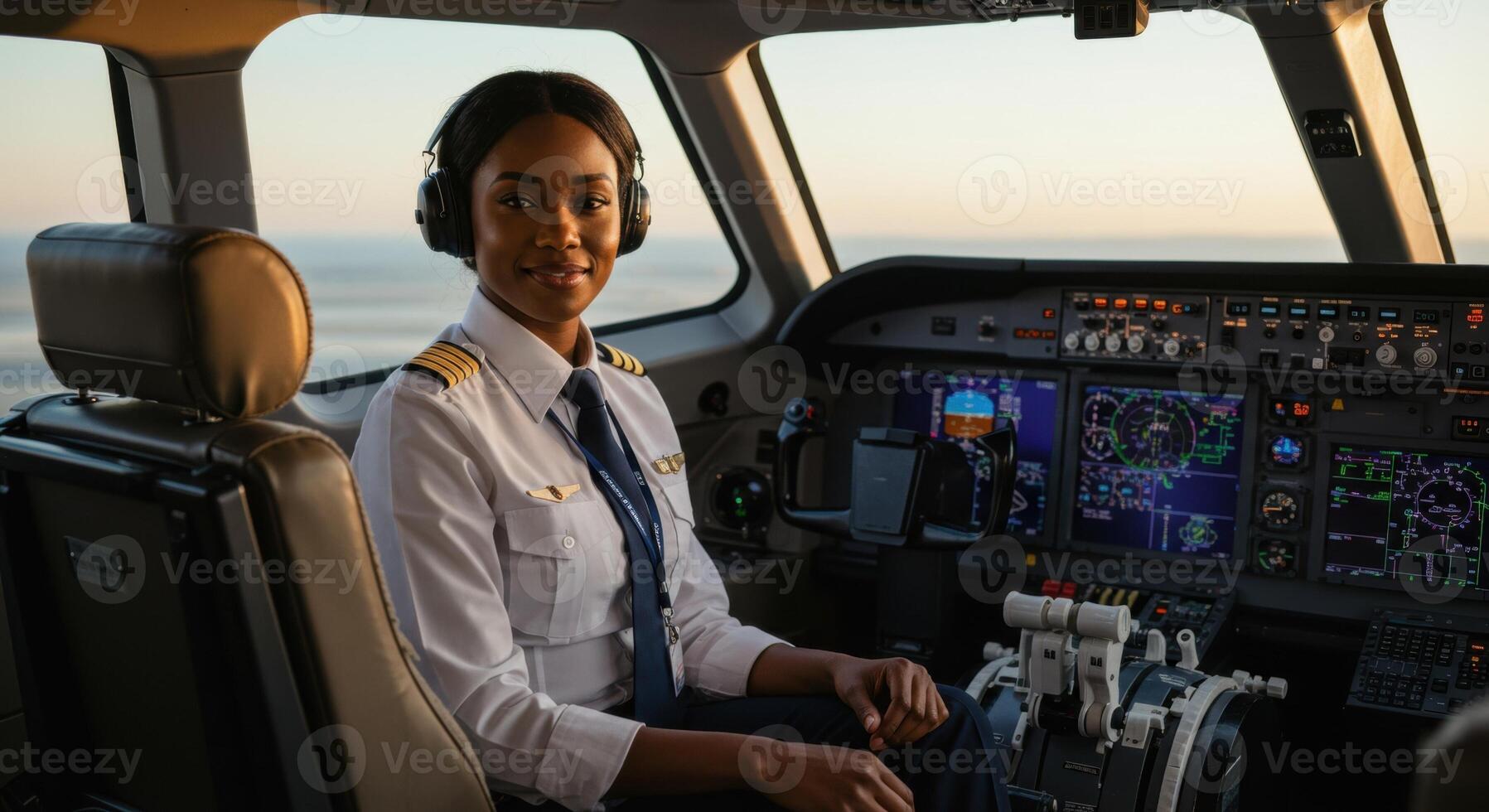 Smiling young Black female pilot in uniform sitting in an airplane cockpit with controls and sky view. photo