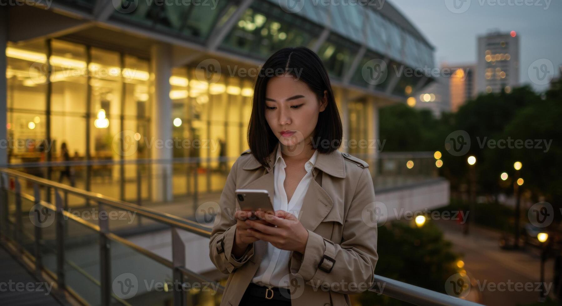 Young Asian woman using smartphone on a modern urban bridge at dusk with city lights. photo
