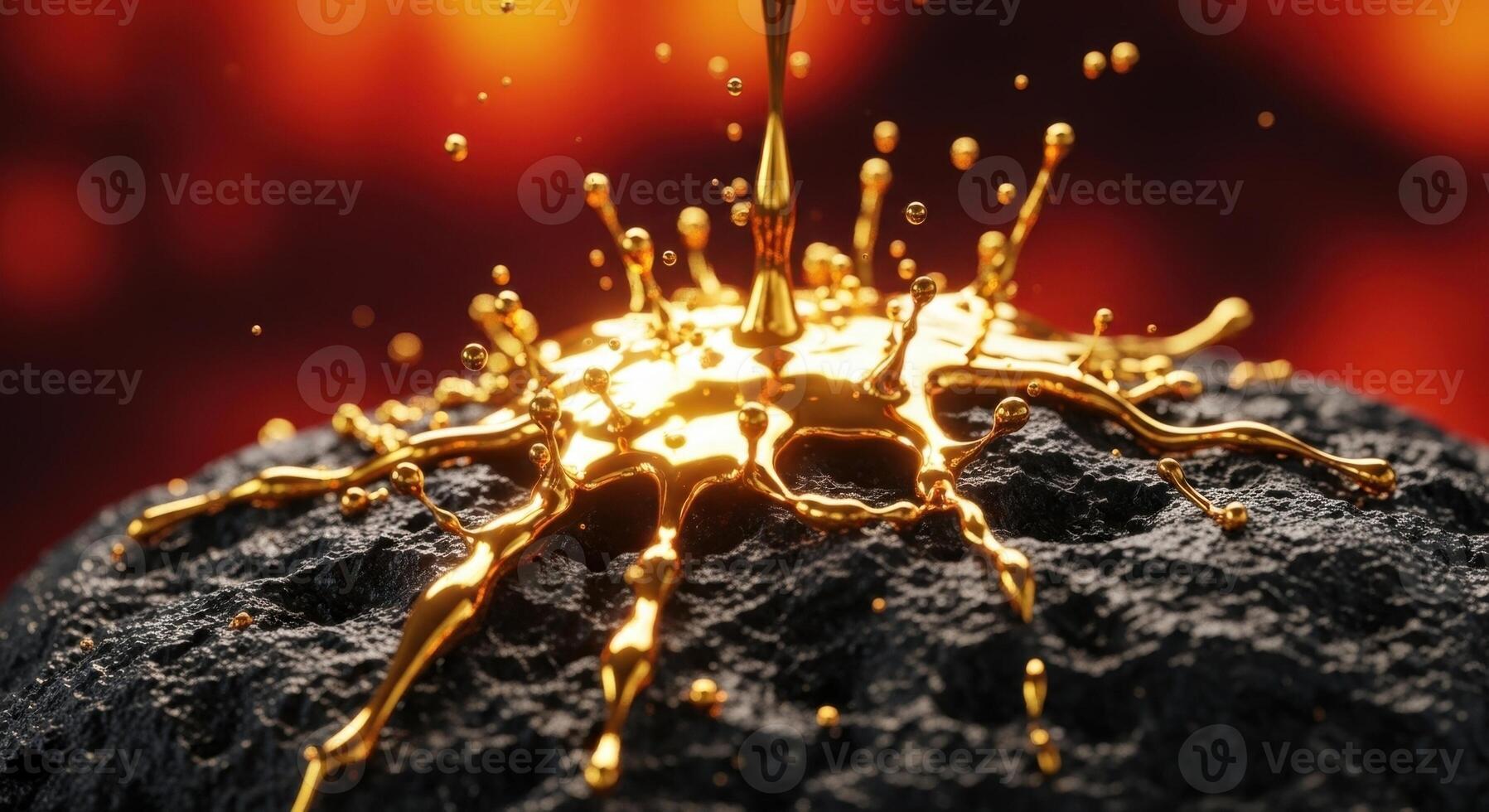 Molten gold splashing onto a dark textured rock surface with a warm glowing background photo