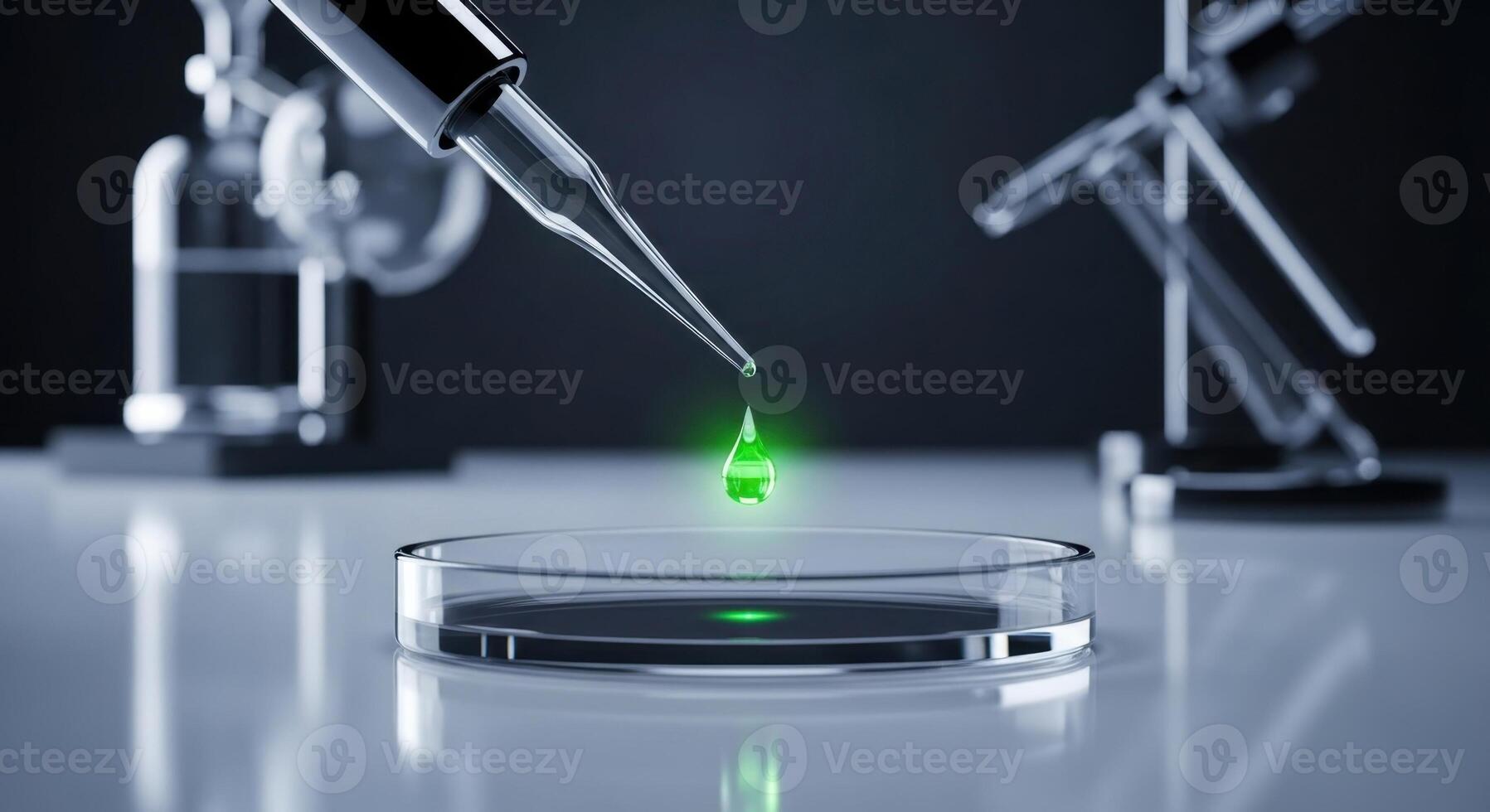 Precise green liquid drop from a pipette into a petri dish in a modern science laboratory. photo