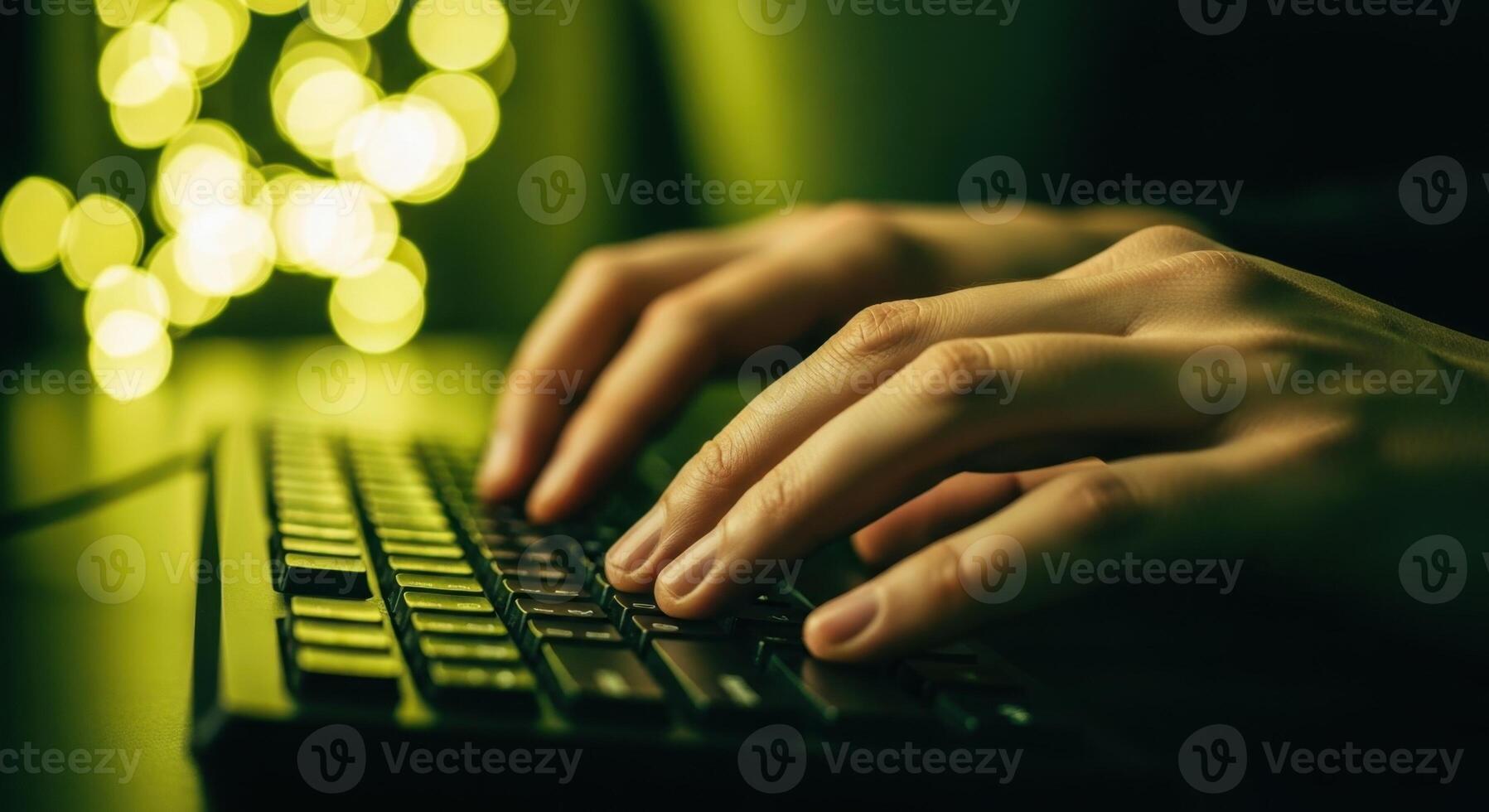Close up of hands typing on a computer keyboard in a dimly lit room with blurred yellow bokeh lights photo