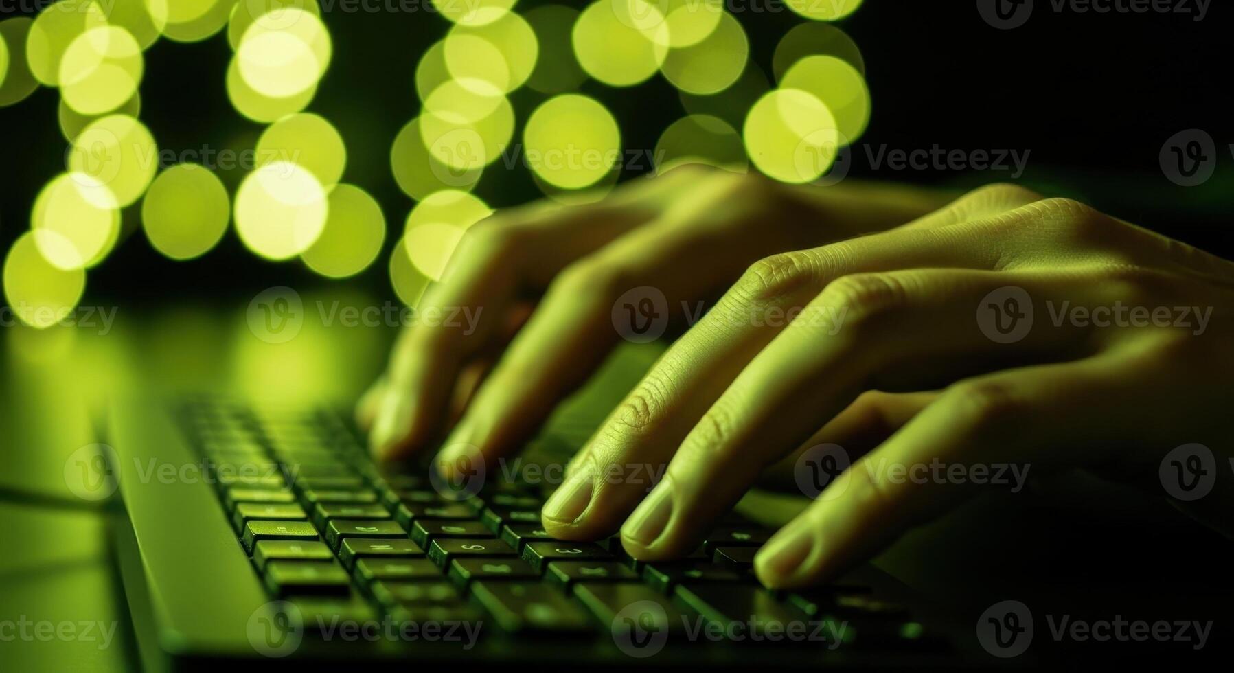 Hands typing on a laptop keyboard with green bokeh lights, representing digital work and cybersecurity. photo