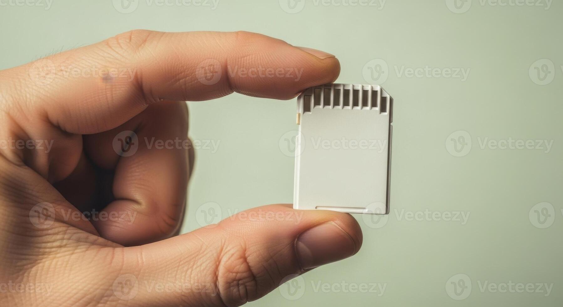 Human hand holding a white SD card, a compact digital memory storage device for modern technology. photo