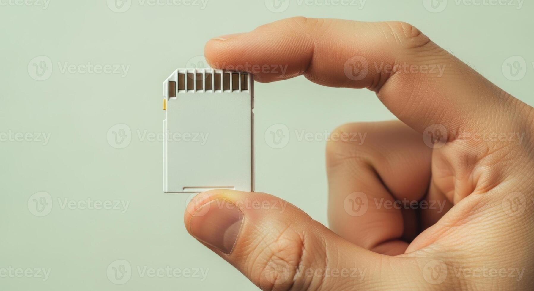 Person hand holding a white SD memory card for data storage and digital information. photo