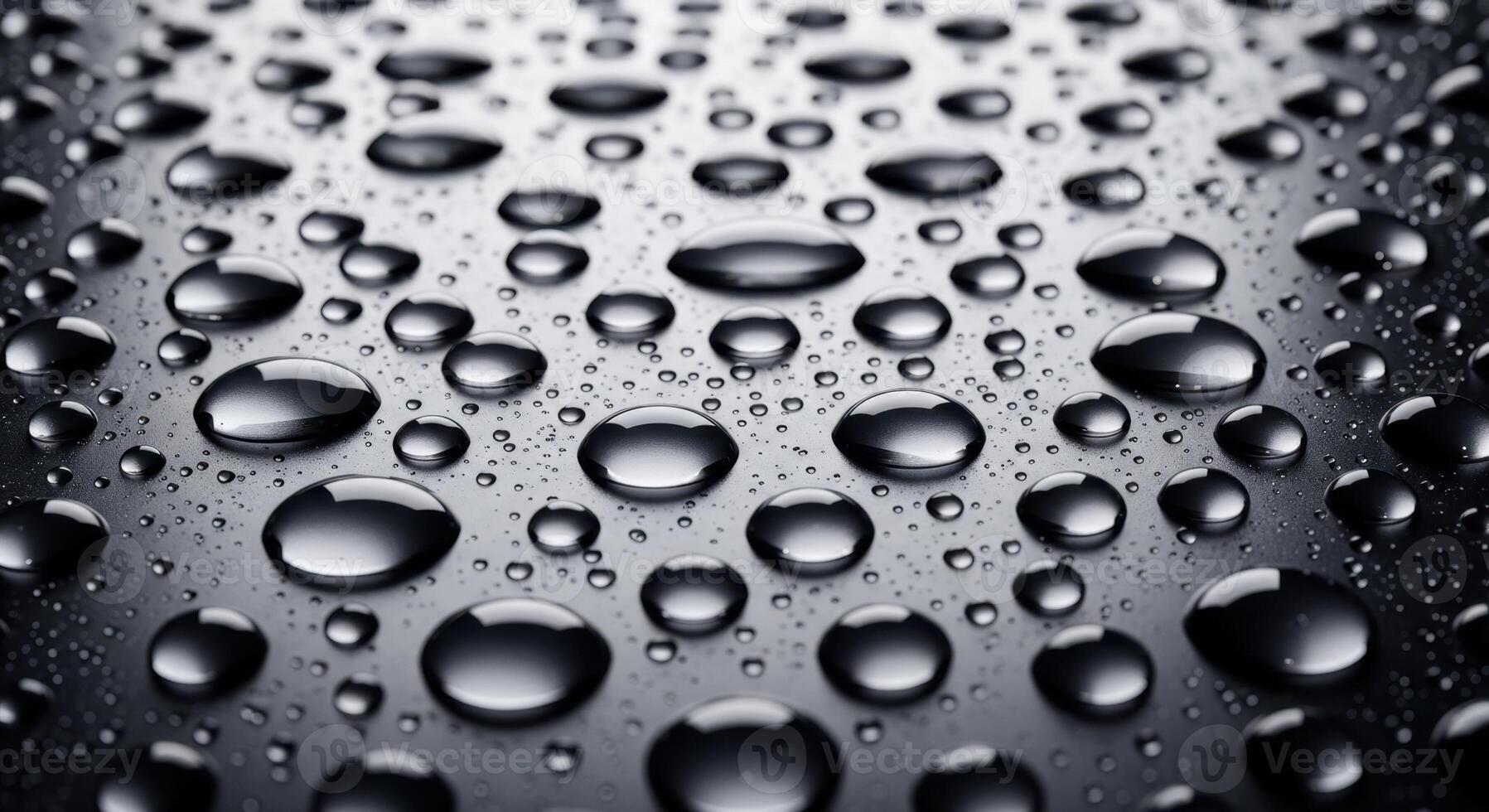 Close up of clear water droplets on a dark wet surface creating a textured abstract background photo