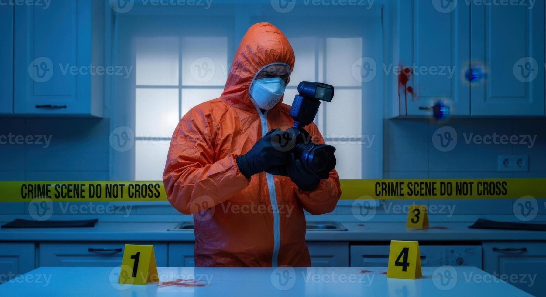 Forensic investigator in protective suit photographs evidence at a crime scene with police tape. photo