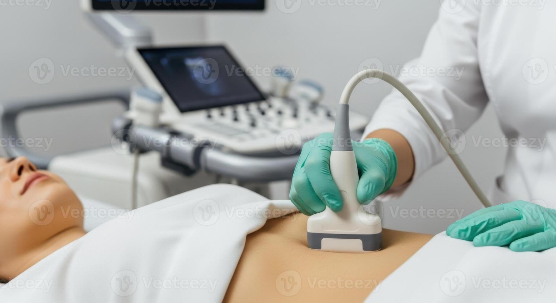 Medical professional performing an ultrasound examination on a woman abdomen for health diagnosis. photo
