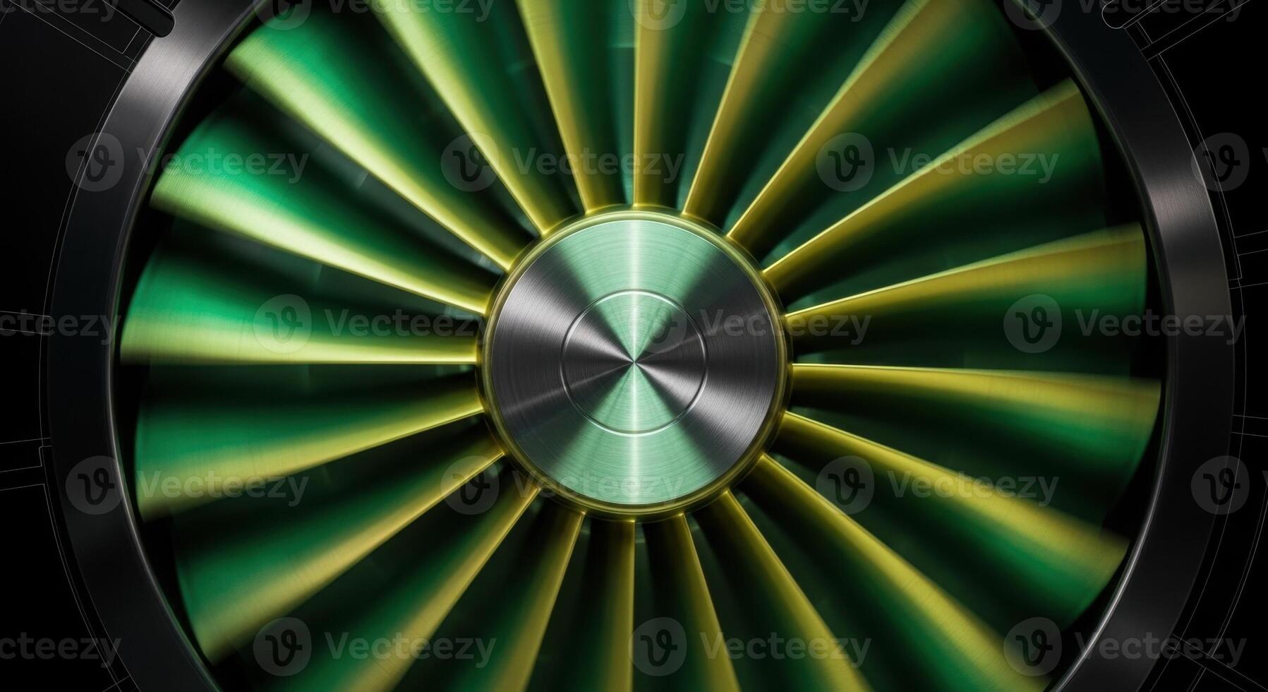 Rapidly Spinning Fan with Green and Yellow Blades and Metallic Hub on Dark Background photo