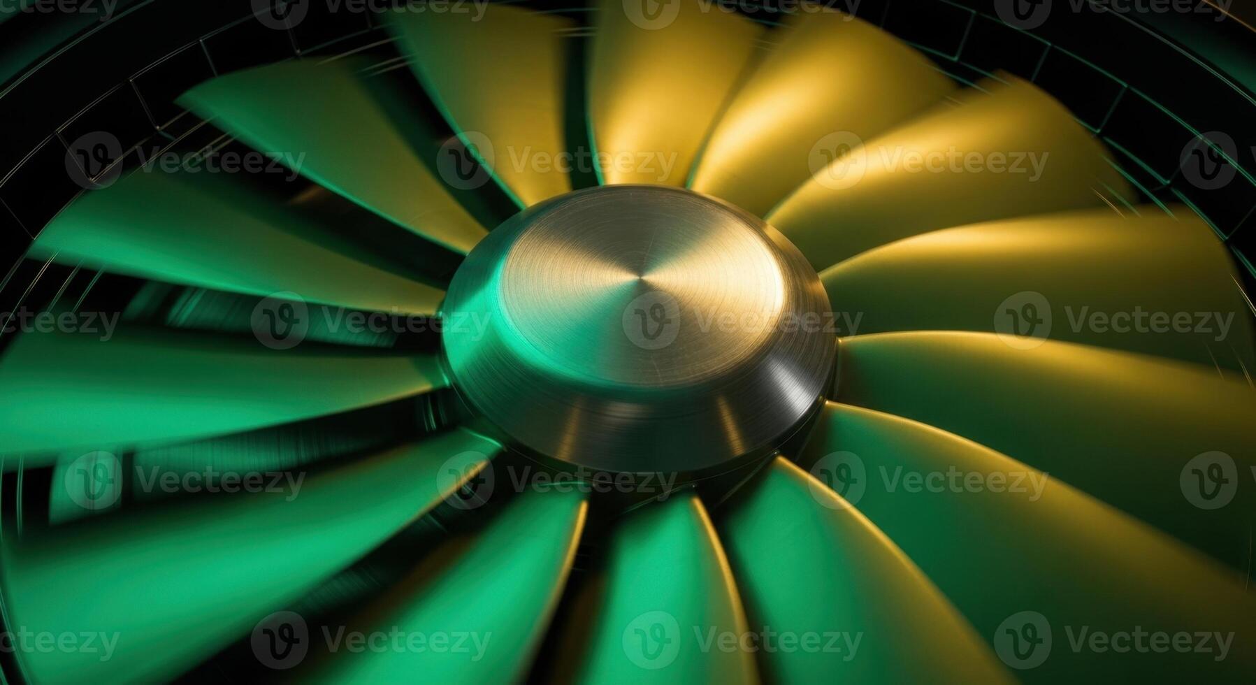 Close up of a spinning fan with green and yellow light creating dynamic motion blur photo