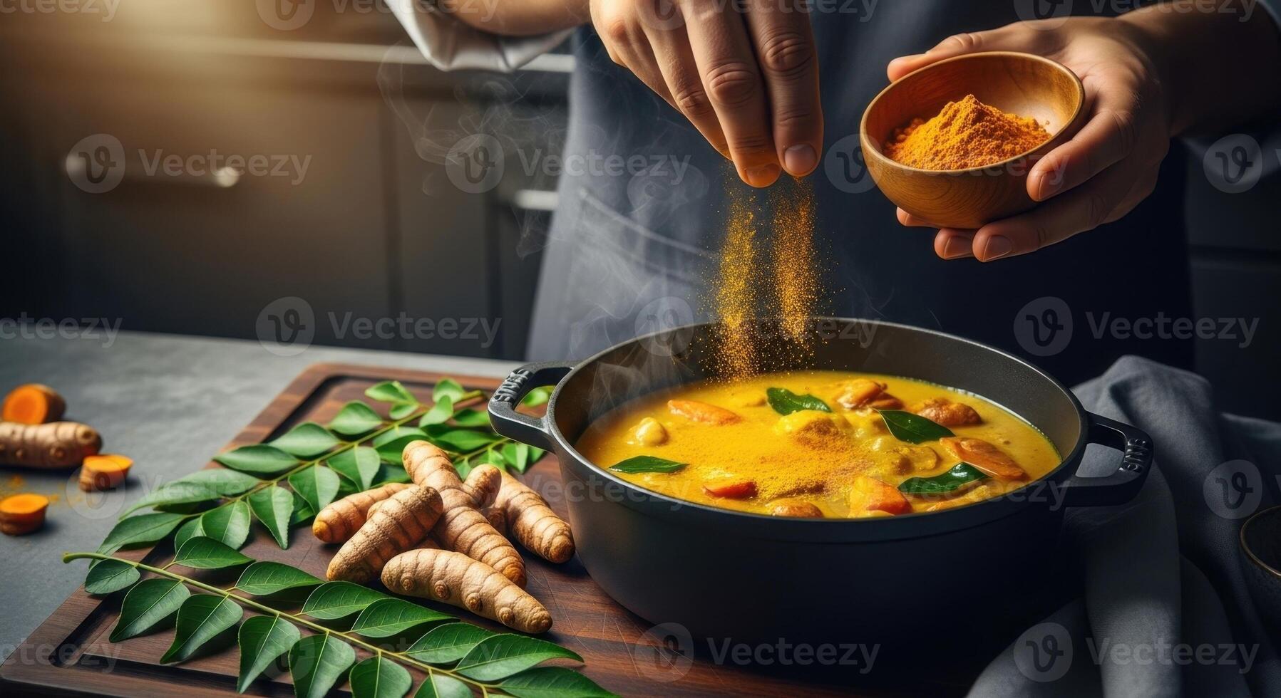 Hands sprinkling turmeric powder into a steaming pot of yellow curry with fresh ingredients. photo