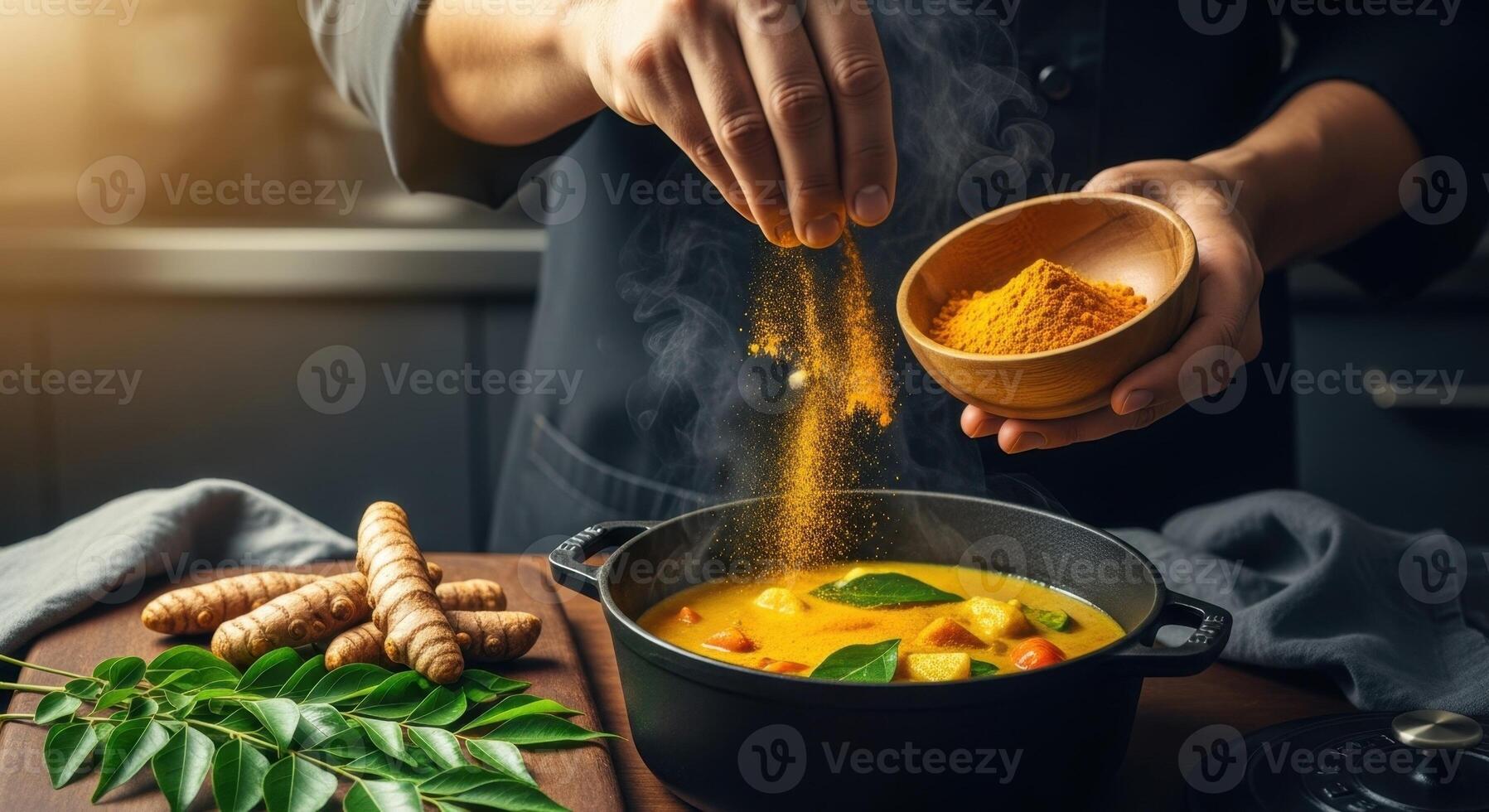 Chef adding vibrant turmeric powder to a steaming pot of yellow curry with fresh ingredients photo