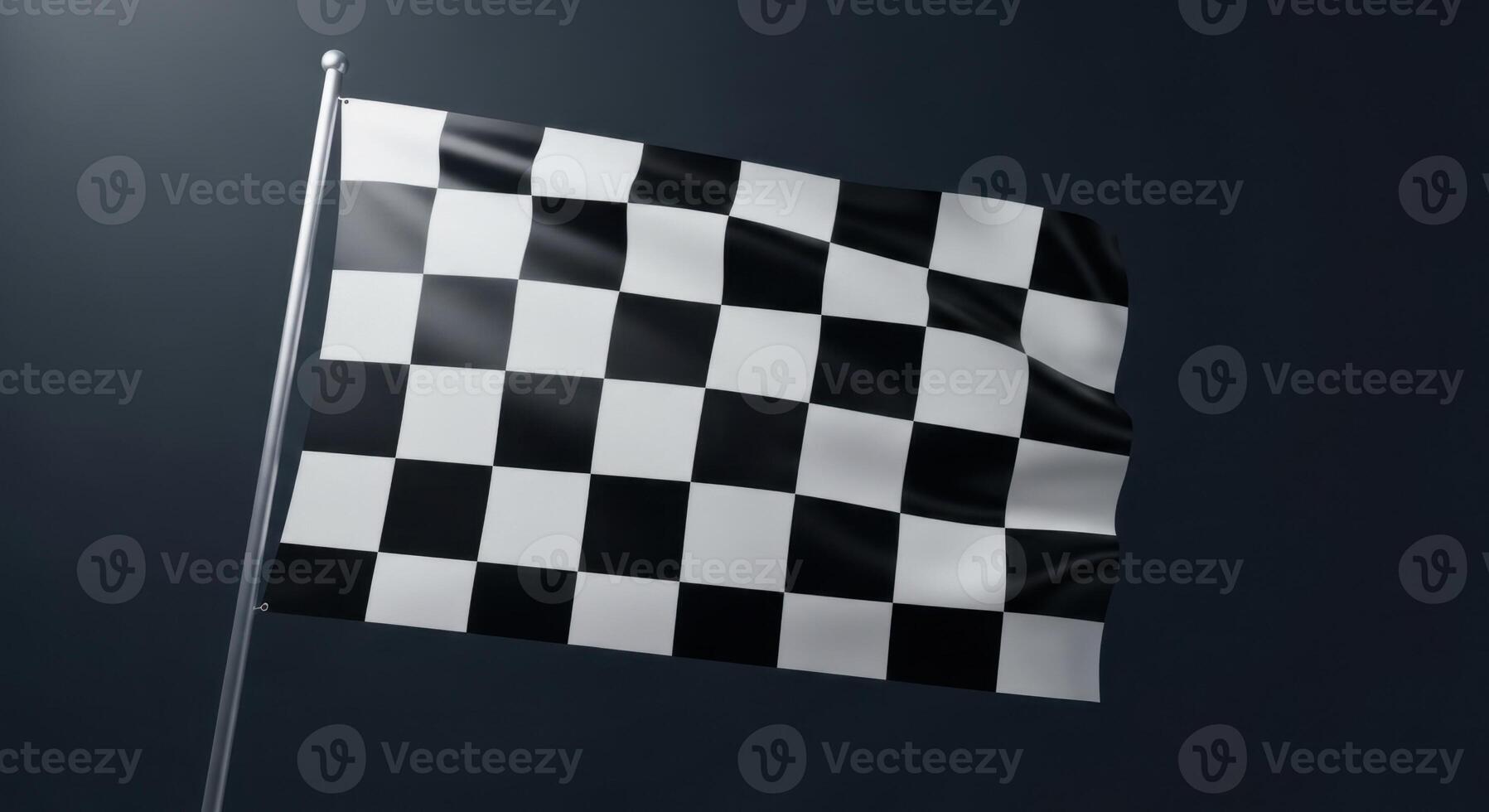 Checkered flag waving on a pole against a dark background, symbolizing racing and victory. photo