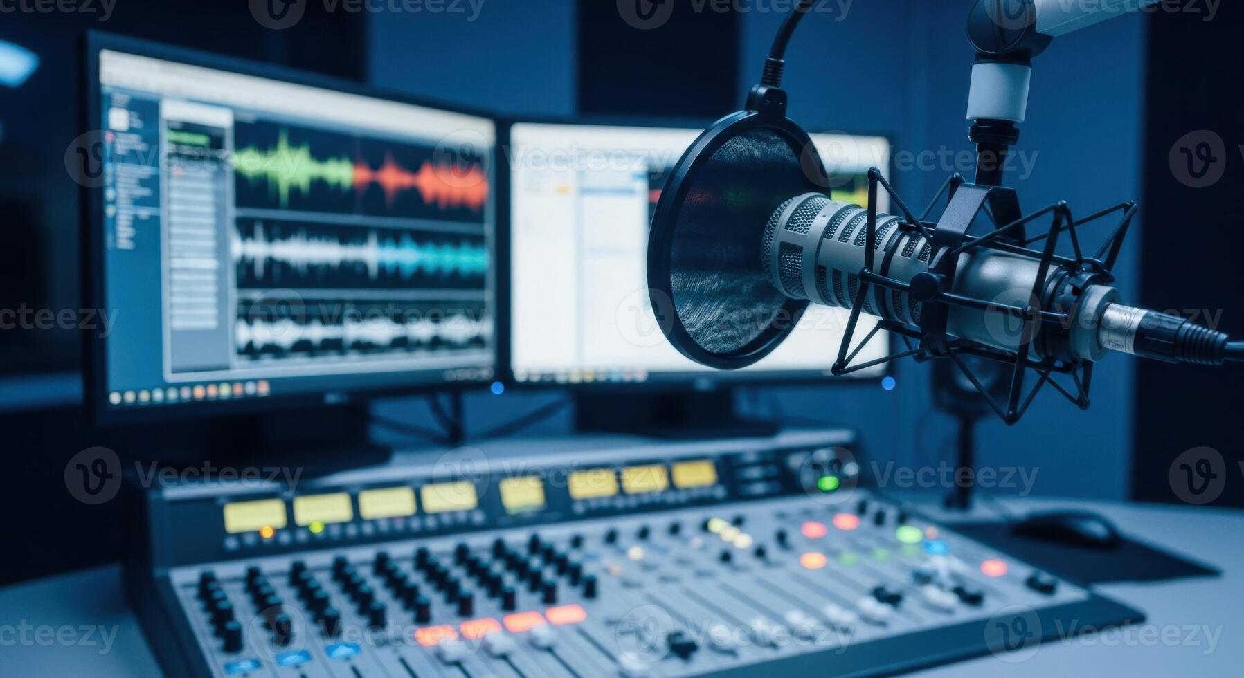 Professional radio studio with microphone, mixing console, and computer screens for audio production. photo