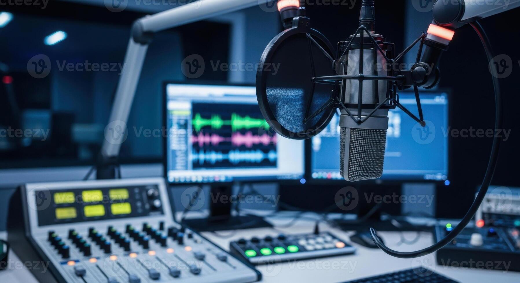 Professional radio studio with microphone, sound mixer, and audio production equipment for broadcast. photo