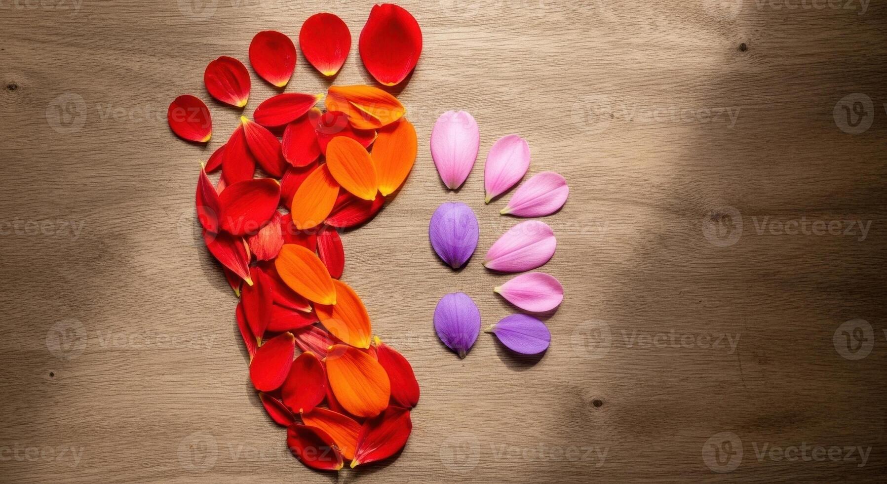 Human Footprint Shape Made From Colorful Flower Petals on a Wooden Background photo