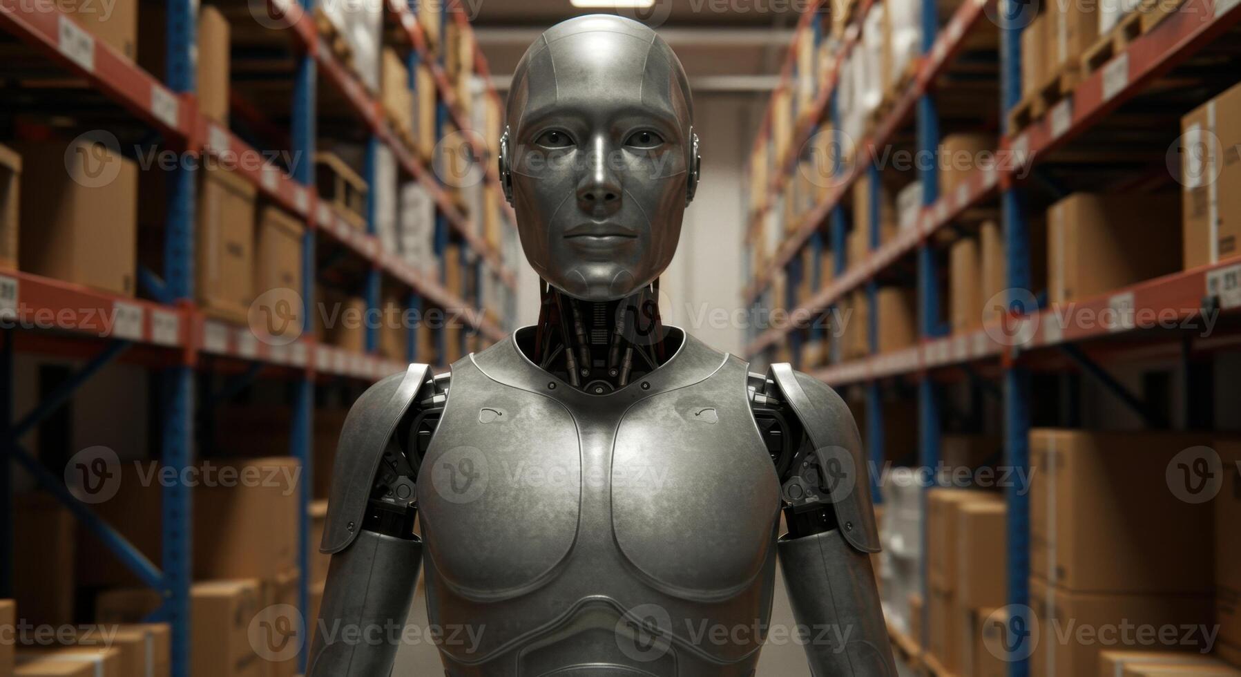 Humanoid Robot in a Modern Warehouse with Shelves of Cardboard Boxes for Automated Logistics photo