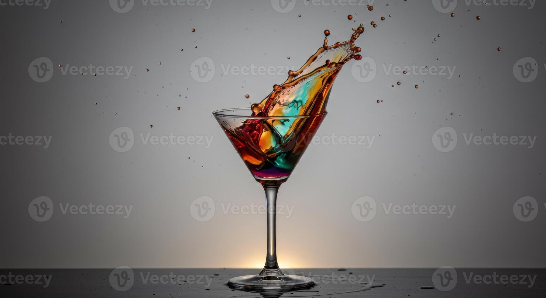 Dynamic splash of vibrant multicolored liquid in a martini glass, capturing energetic motion. photo