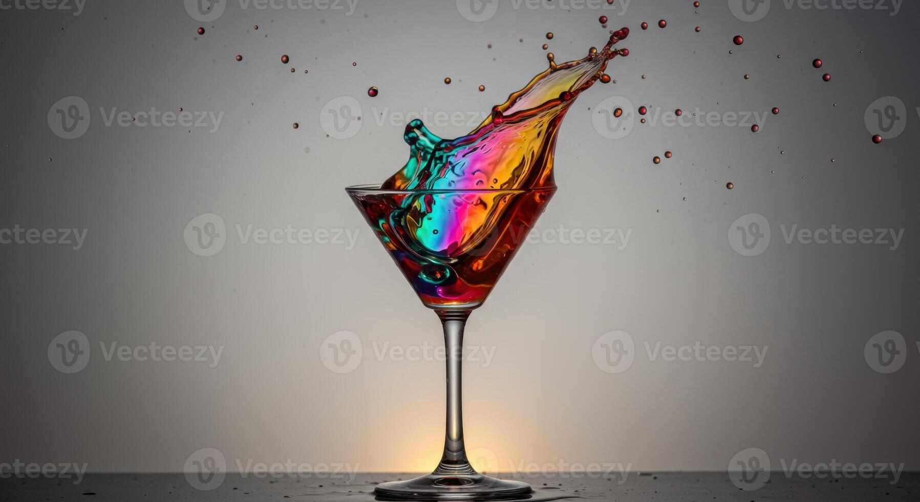 Vibrant multicolored liquid splashing from a martini glass, creating a dynamic rainbow burst. photo
