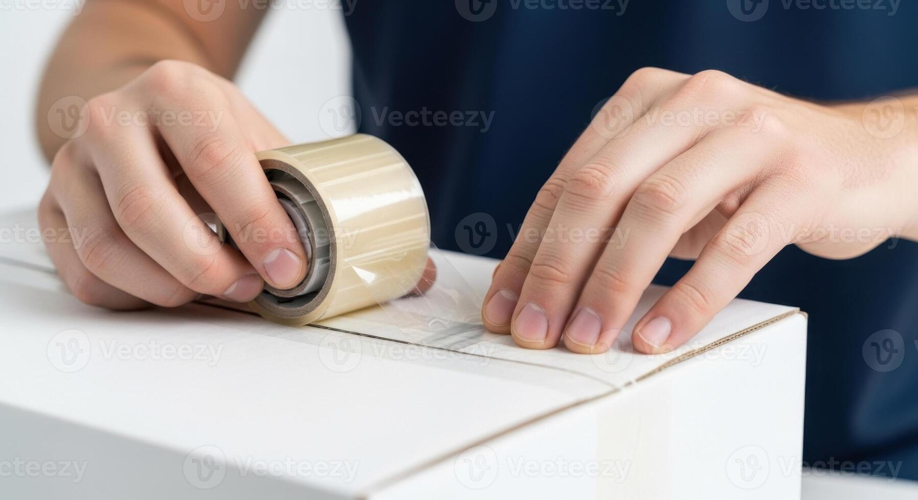 Close Up of Hands Using Clear Packing Tape to Seal a White Cardboard Box for Shipping photo