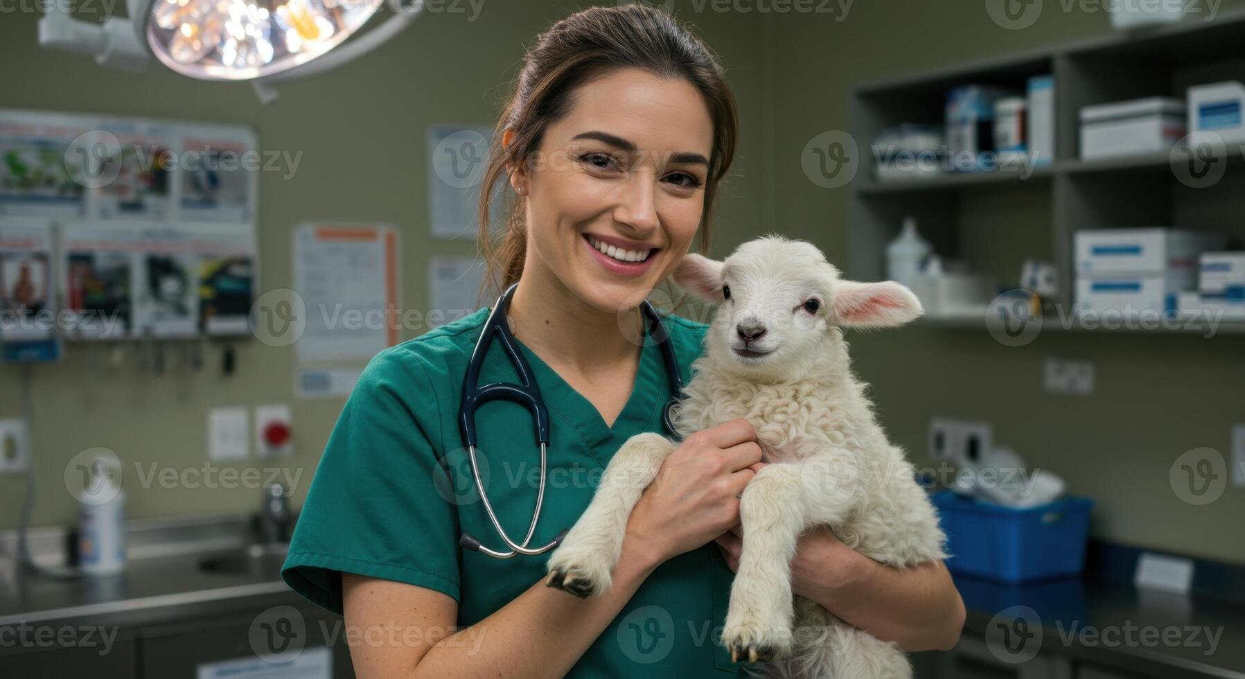 Professional Female Veterinarian Smiling While Holding a Young Lamb in a Modern Veterinary Clinic photo