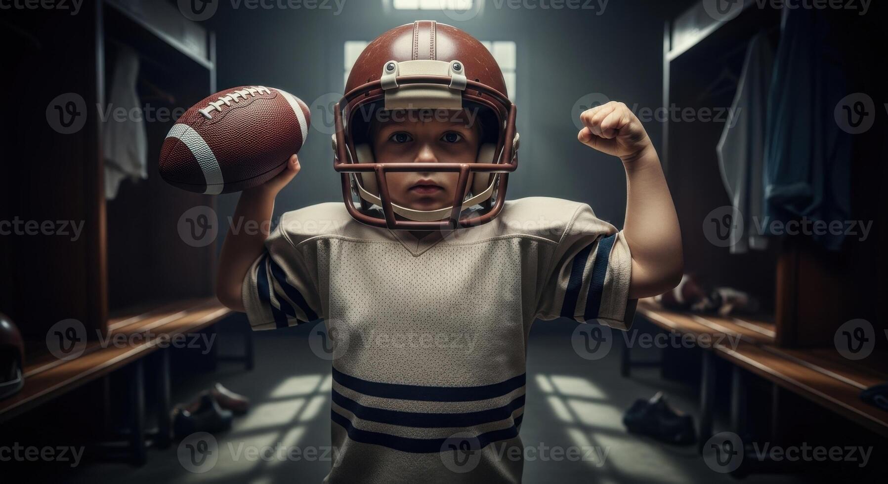 Young boy in football helmet and uniform flexing bicep with a football in a locker room. photo