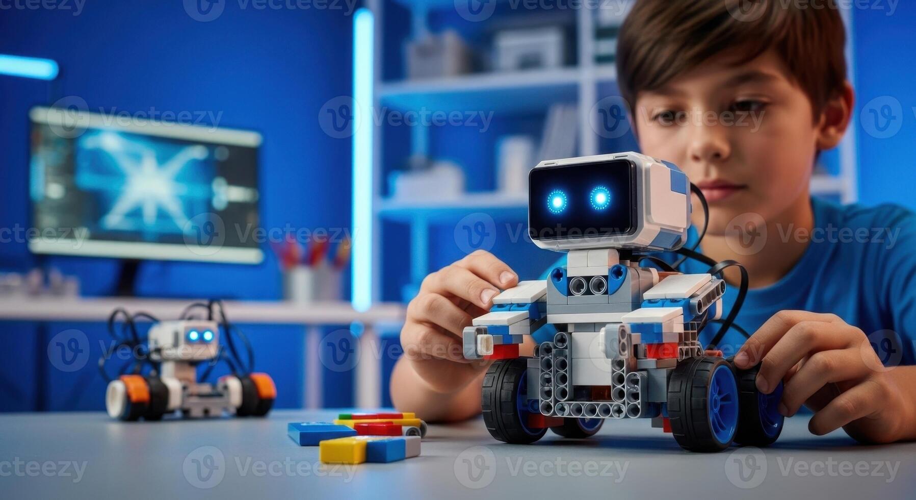 Young boy building and programming a modern robot, exploring STEM education and technology photo