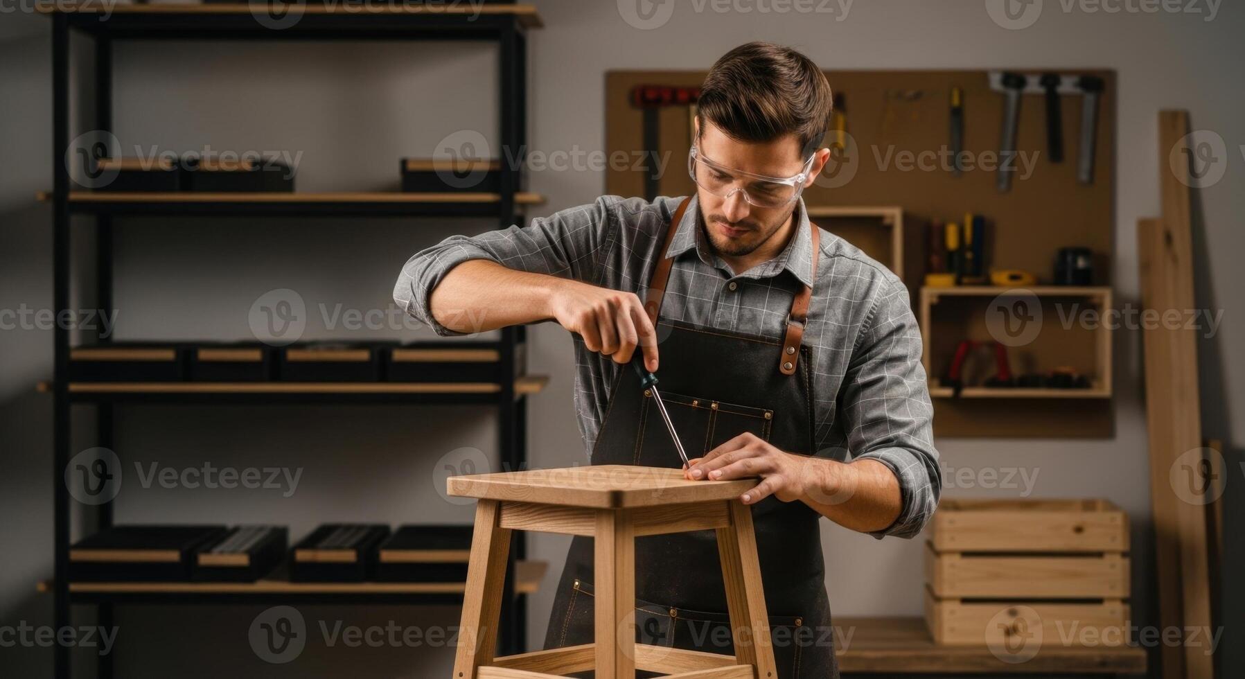 Man assembling wooden stool with screwdriver in workshop, showcasing woodworking craftsmanship photo