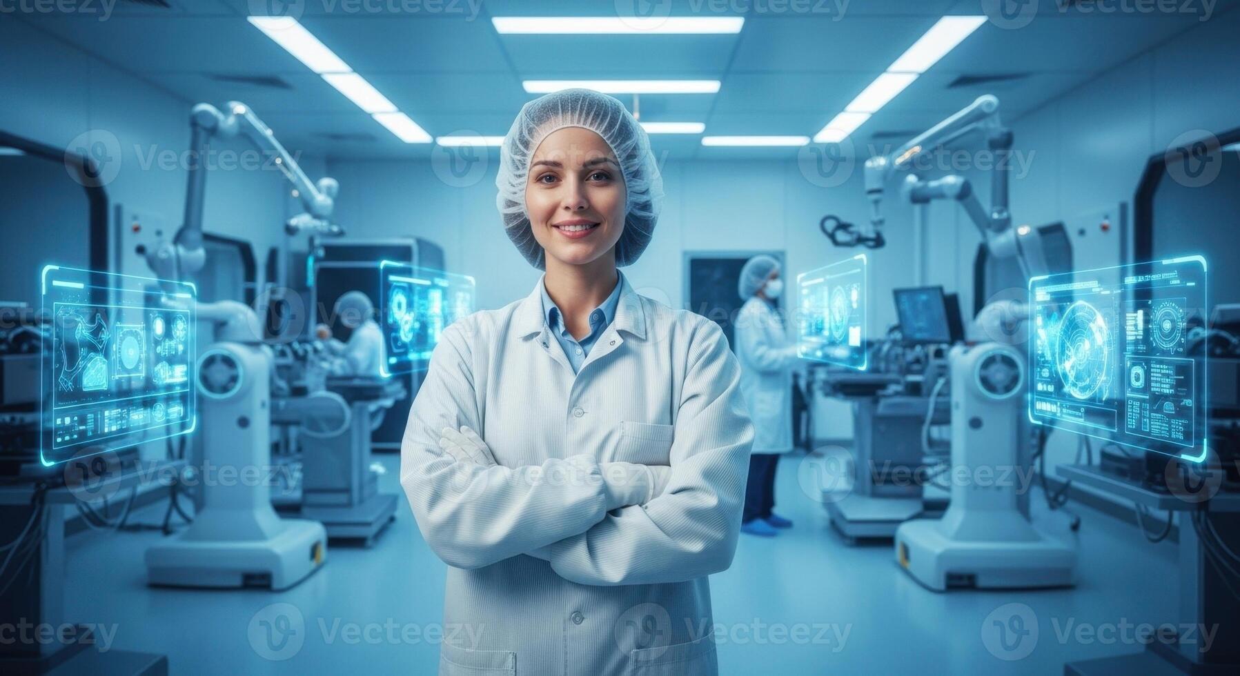 Smiling Female Scientist in Advanced Laboratory with Robotic Arms and Holographic Interfaces photo