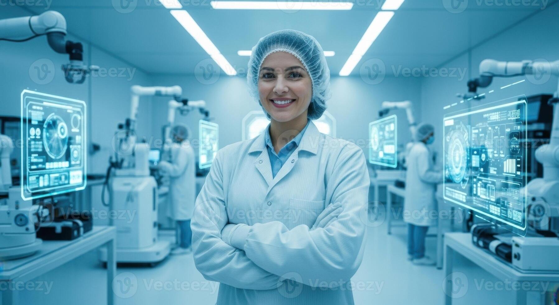 Smiling Female Scientist in Modern High Tech Laboratory with Robotic Arms and Digital Screens photo