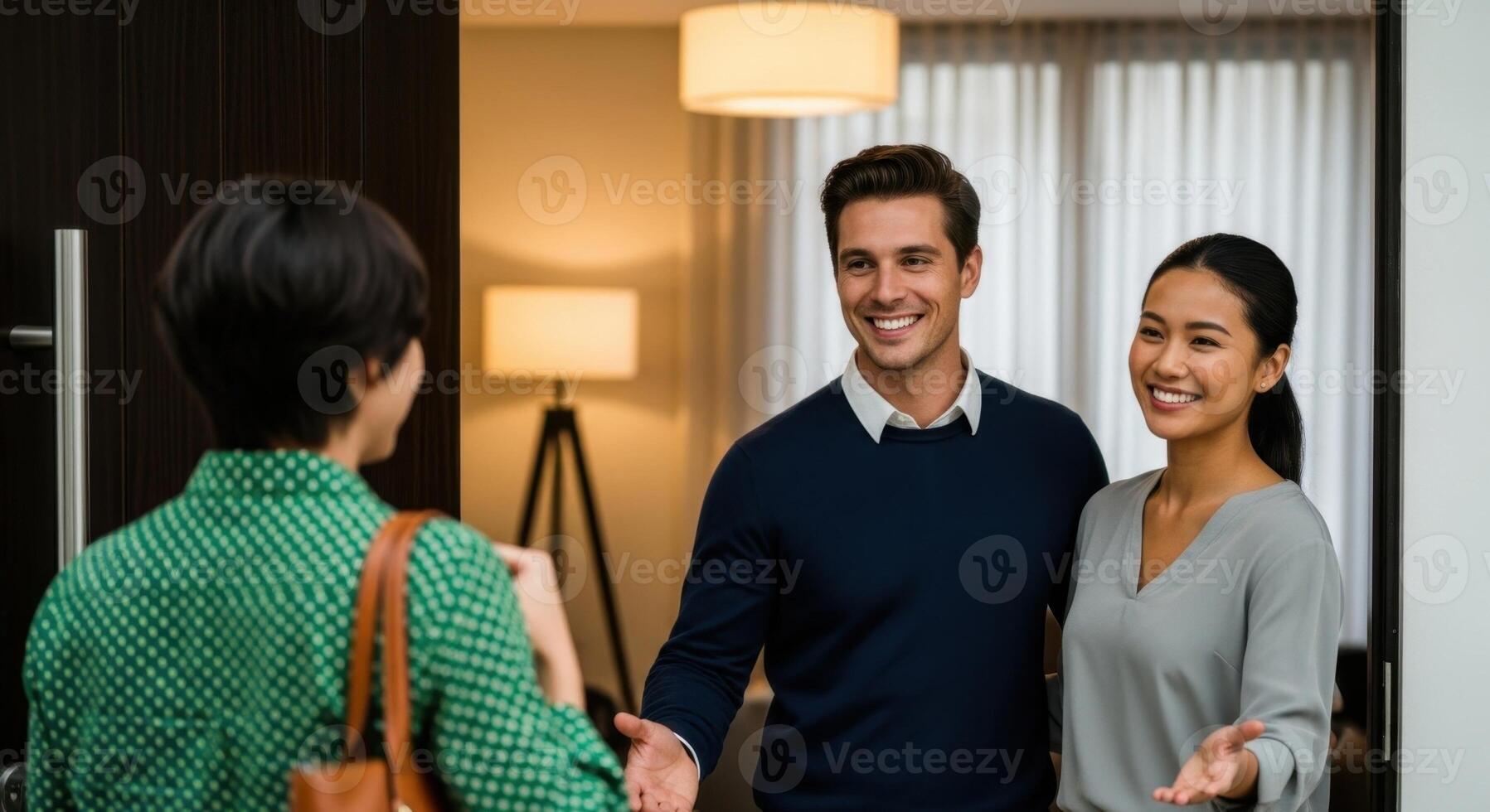 Happy couple welcomes a guest into their modern home with warm smiles and open arms. photo