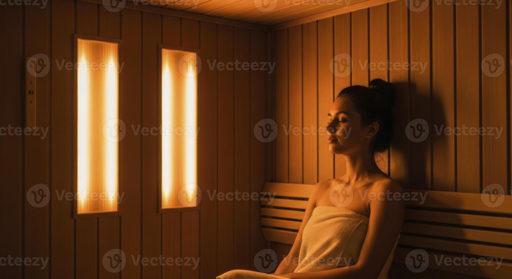 Young woman relaxing in an infrared sauna enjoying the warm glow of the light panels for wellness and heat therapy. photo